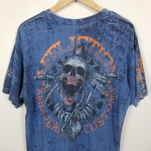 Affliction American Customs Warpath Blue Distressed Skull Graphic T-Shirt Sz XL - Picture 9 of 13